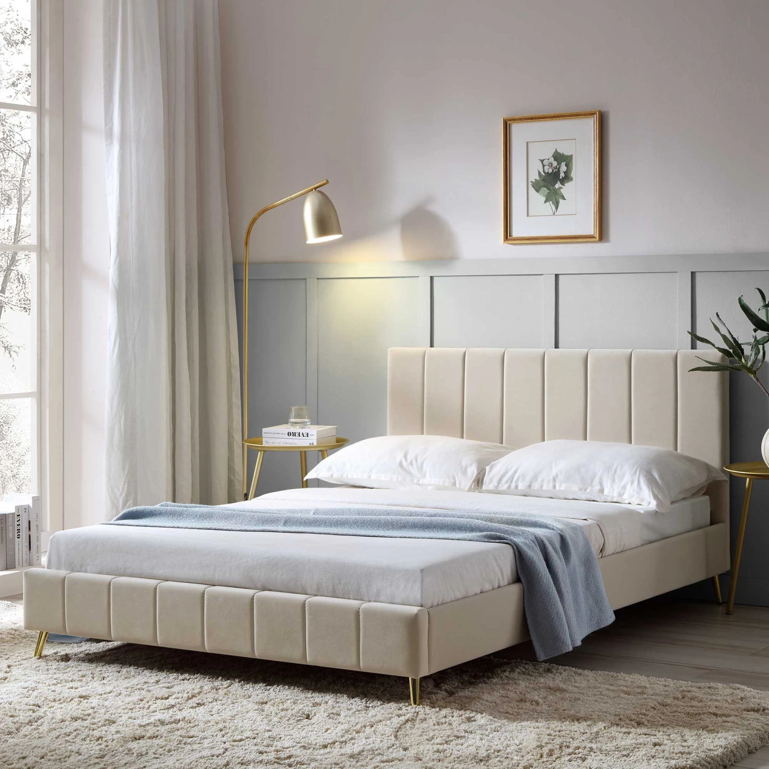 Sylvie Velvet Upholstered Bed Frame With Golden Chrome Legs, Champagne Velvet 1 Sylvie Velvet Upholstered Bed Frame With Golden Chrome Legs, Champagne Velvet