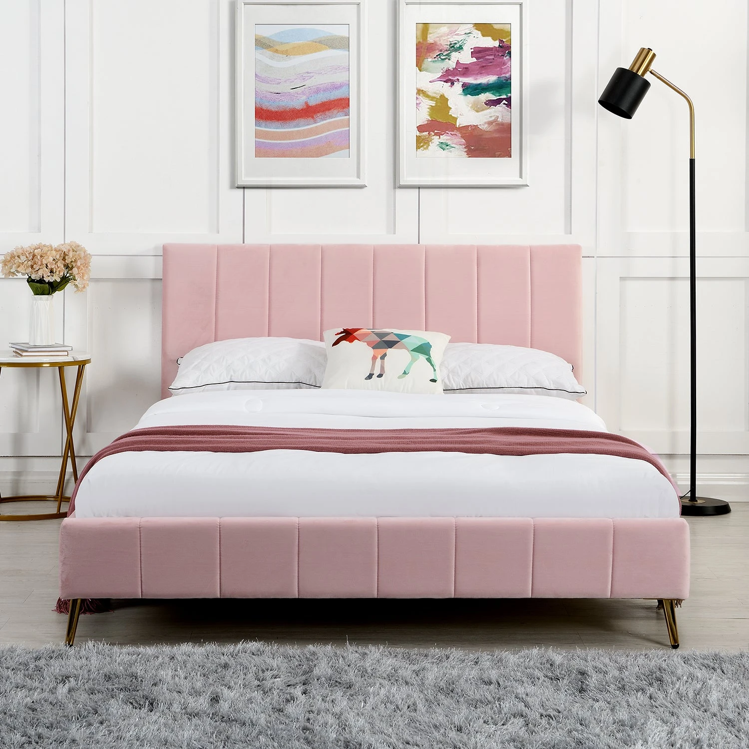 Sylvie Velvet Upholstered Bed Frame With Golden Chrome Legs, Pink Velvet 2 Sylvie Velvet Upholstered Bed Frame With Golden Chrome Legs, Pink Velvet - Image 2