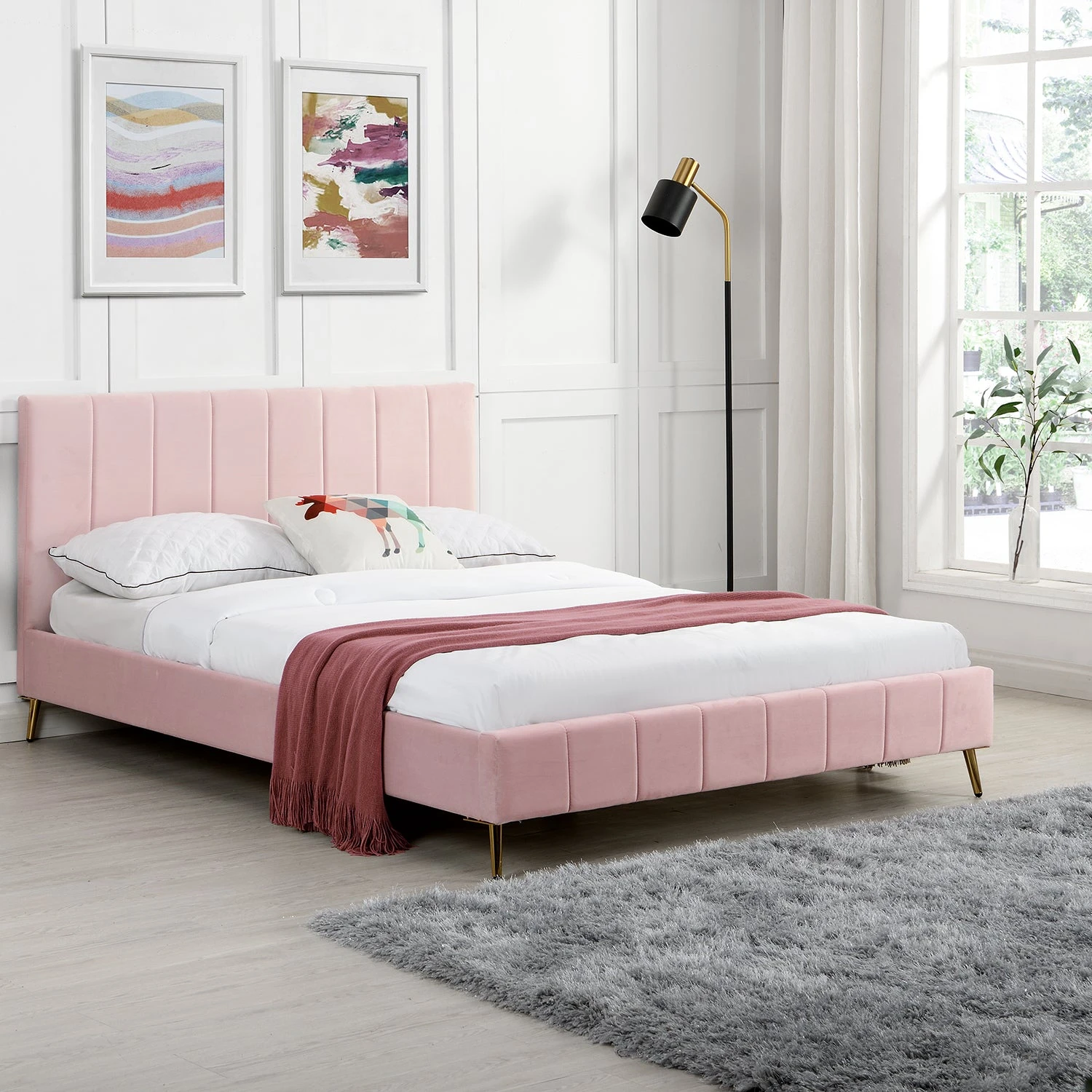 Sylvie Velvet Upholstered Bed Frame With Golden Chrome Legs, Pink Velvet 1 Sylvie Velvet Upholstered Bed Frame With Golden Chrome Legs, Pink Velvet