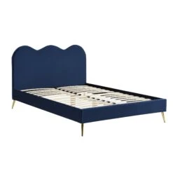 Gidea Velvet Upholstered Bed Frame With Scalloped Headboard & Golden Chrome Legs -Best Furniture Shop JAH 07 NAVYVEL 2