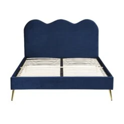 Gidea Velvet Upholstered Bed Frame With Scalloped Headboard & Golden Chrome Legs -Best Furniture Shop JAH 07 NAVYVEL 3