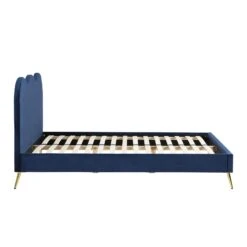 Gidea Velvet Upholstered Bed Frame With Scalloped Headboard & Golden Chrome Legs -Best Furniture Shop JAH 07 NAVYVEL 4