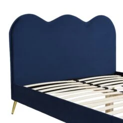 Gidea Velvet Upholstered Bed Frame With Scalloped Headboard & Golden Chrome Legs -Best Furniture Shop JAH 07 NAVYVEL detail1