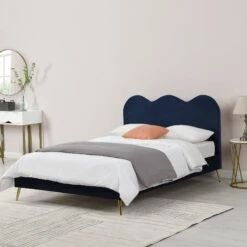 Gidea Velvet Upholstered Bed Frame With Scalloped Headboard & Golden Chrome Legs