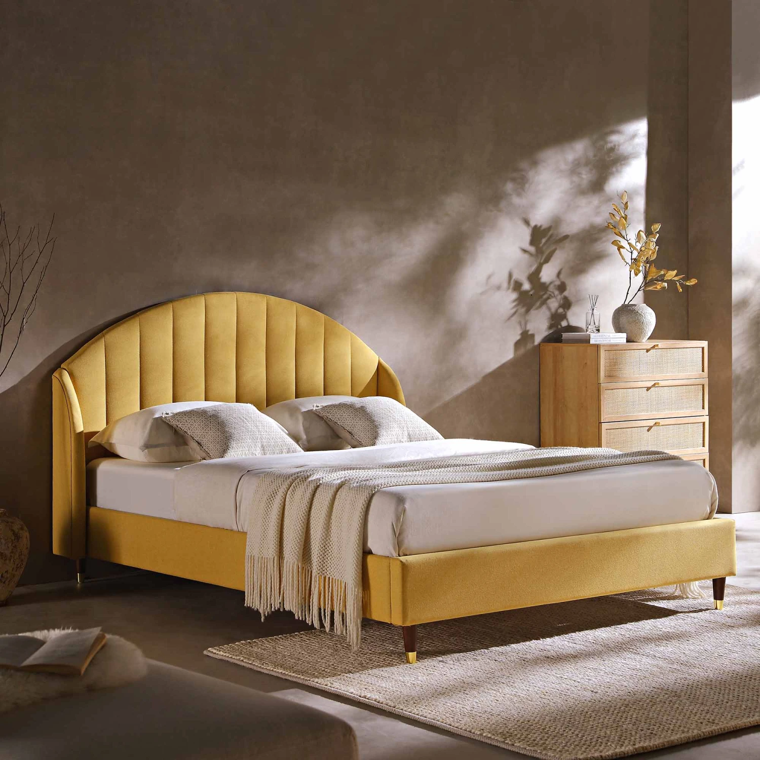 Eleanor Sunflower Yellow Fabric Upholstered Bed Frame With Domed Headboard 1 Eleanor Sunflower Yellow Fabric Upholstered Bed Frame With Domed Headboard