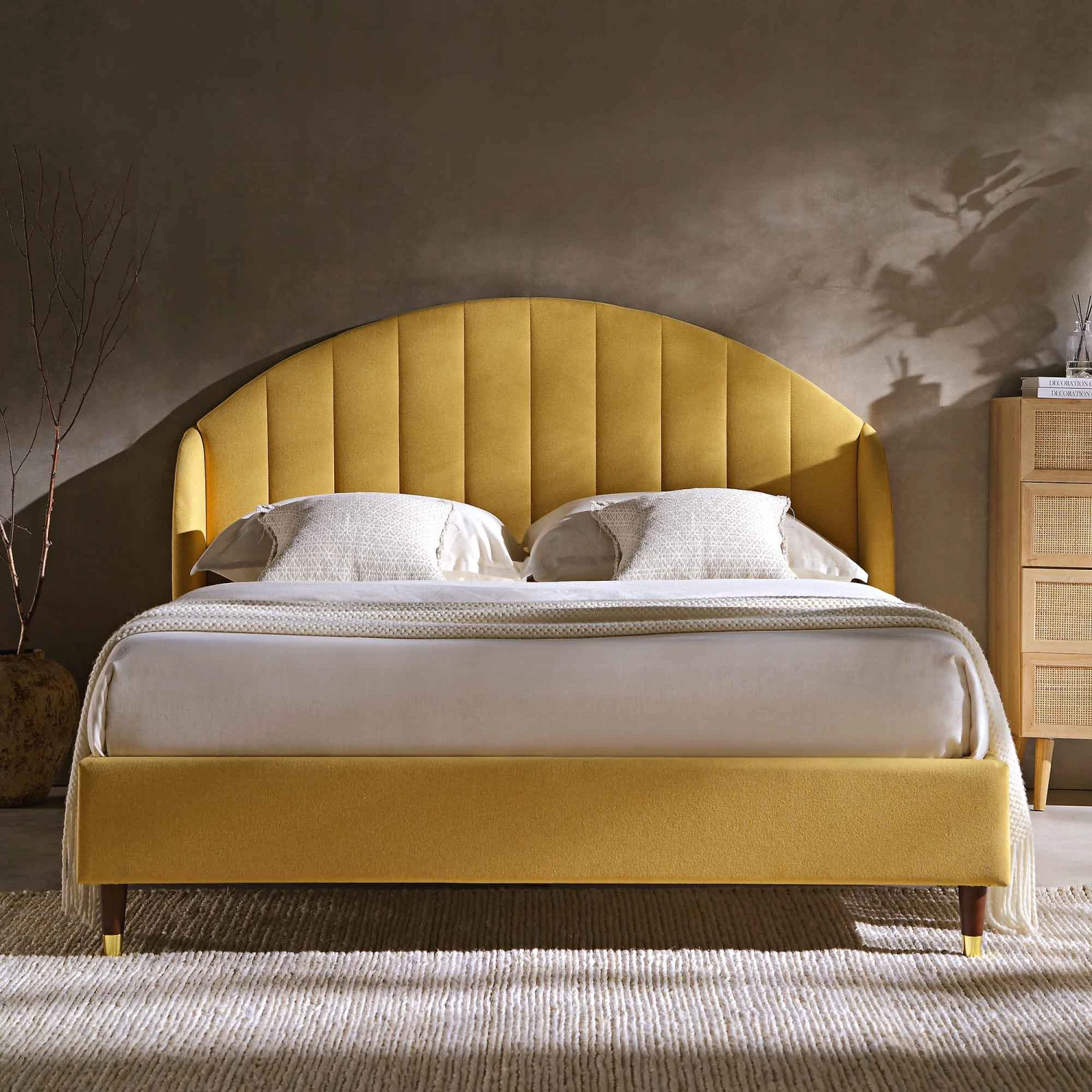 Eleanor Sunflower Yellow Fabric Upholstered Bed Frame With Domed Headboard 2 Eleanor Sunflower Yellow Fabric Upholstered Bed Frame With Domed Headboard - Image 2