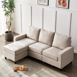 Campbell 3 Seater Sofa With Reversible Chaise In Beige Woven Fabric -Best Furniture Shop LVSF 01 BEIGEFAB 1