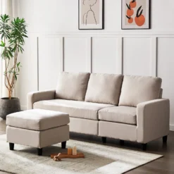 Campbell 3 Seater Sofa With Reversible Chaise In Beige Woven Fabric -Best Furniture Shop LVSF 01 BEIGEFAB 3