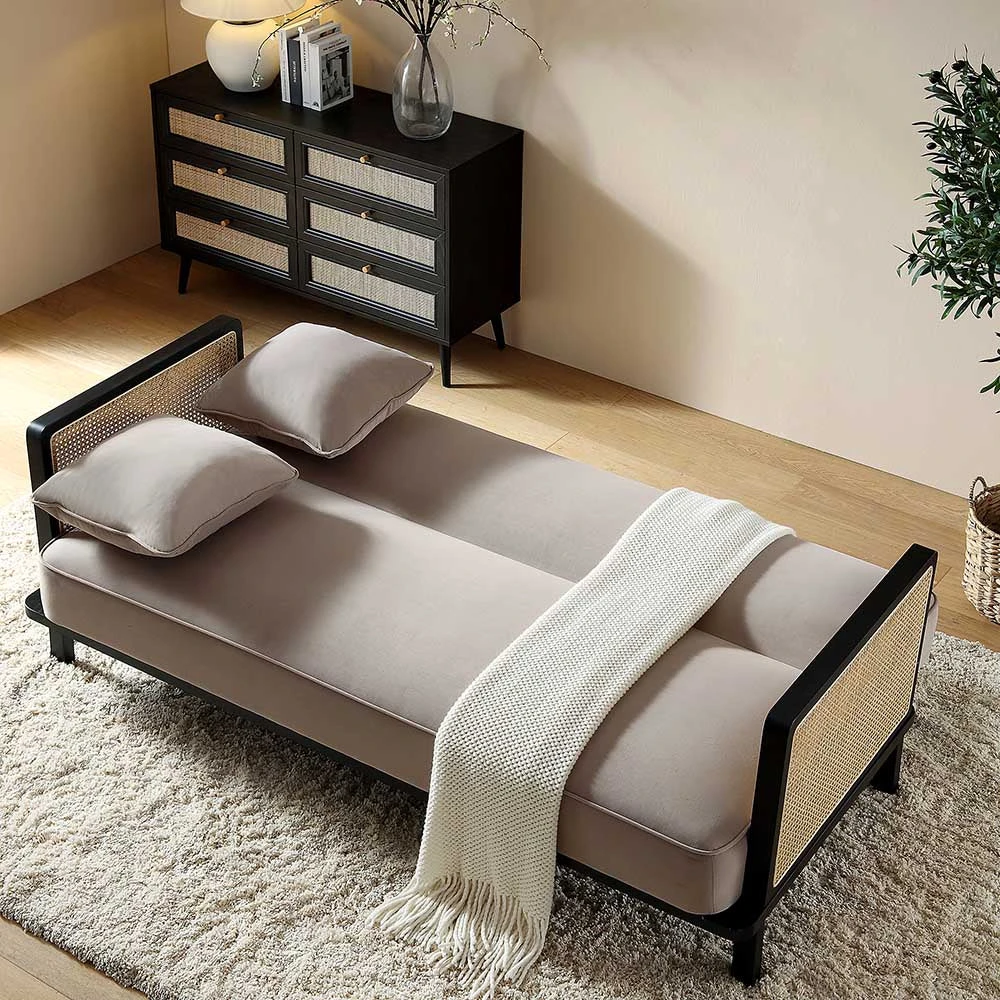 Pienza Cane Sofa Bed, Taupe Velvet With Black Frame 3 Pienza Cane Sofa Bed, Taupe Velvet With Black Frame - Image 3