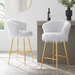 Kylie Set Of 2 White Plush Shaggy Faux Fur Bar Stools