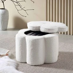 Pollie White Teddy Boucle Storage Stool -Best Furniture Shop POUF 291 WHITE TEDDY scene1