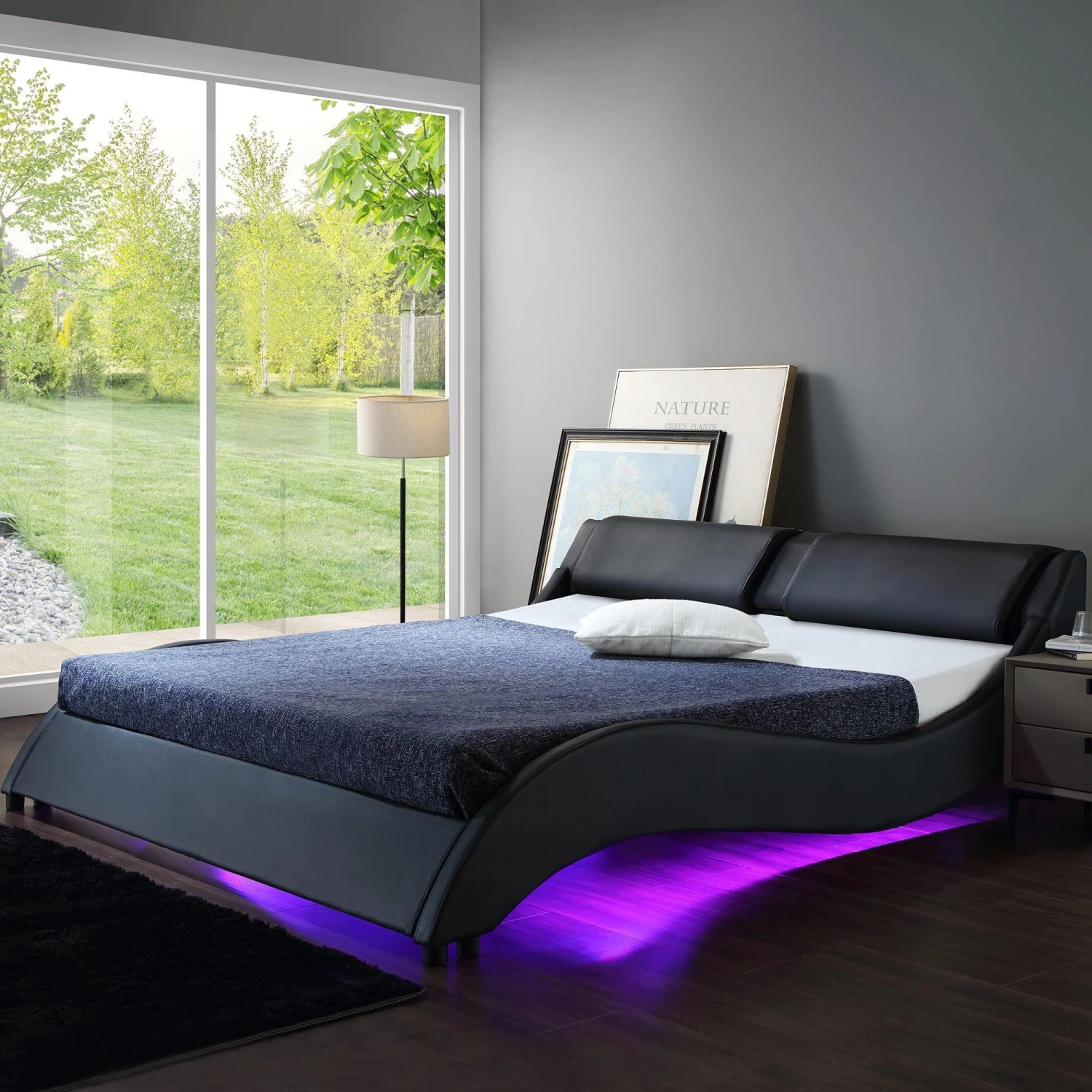 CORVUS Faux Leather Upholstered Bed Frame With Underbed LED Lights, Black 2 CORVUS Faux Leather Upholstered Bed Frame With Underbed LED Lights, Black - Image 2