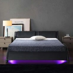 CORVUS Faux Leather Upholstered Bed Frame With Underbed LED Lights, Black 18 CORVUS Faux Leather Upholstered Bed Frame With Underbed LED Lights, Black -Best Furniture Shop SF813BLACK scene2