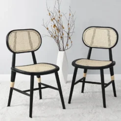 Anya+ Set Of 2 Cane Rattan And Upholstered Dining Chairs, Black Colour