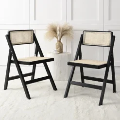 Frances Set Of 2 Folding Cane Rattan Chairs, Black Colour