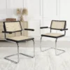 Rayna Pair Of 2 Solid Beech Dining Chairs With Armrests, Natural Cane & Chrome (Black)