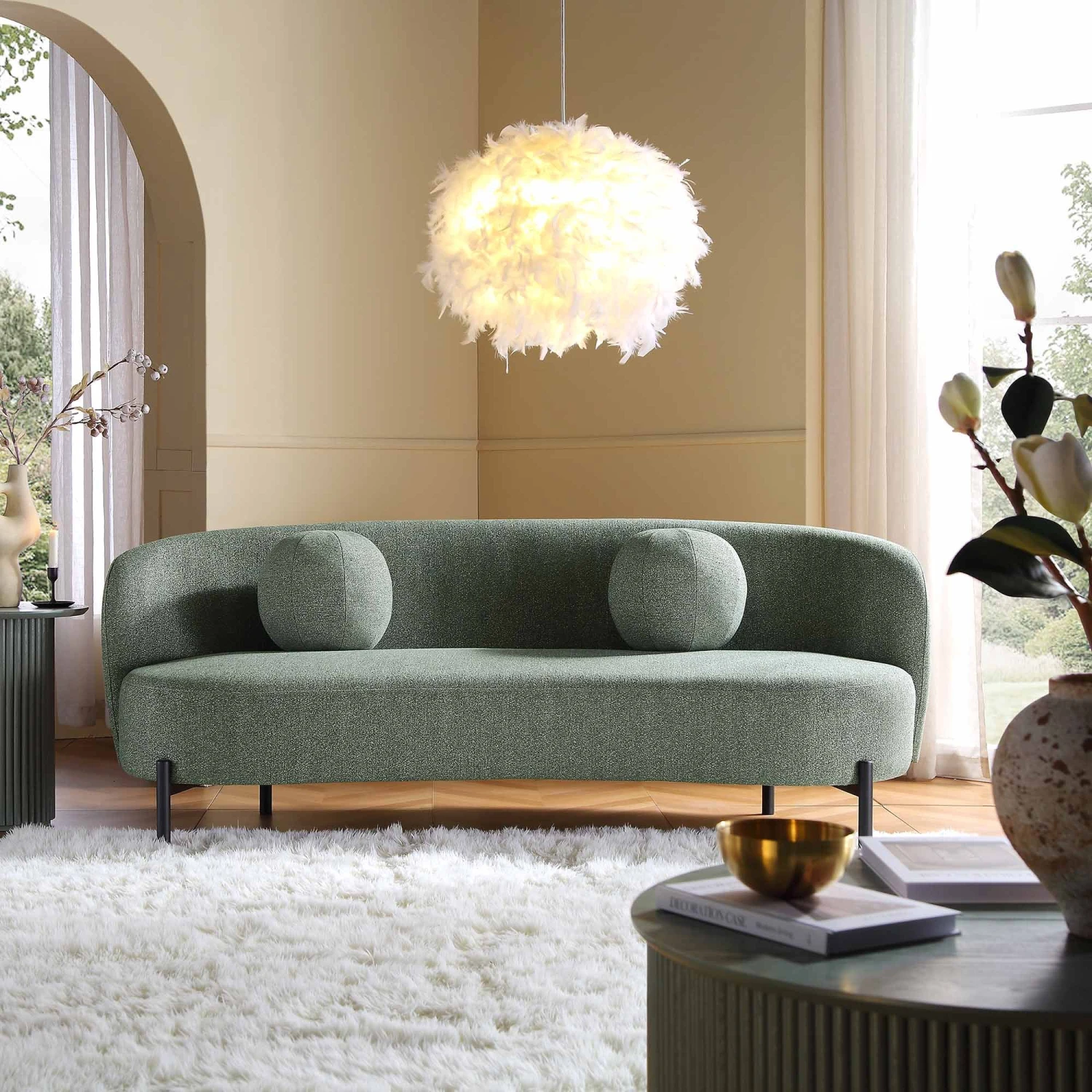 Amboise 3-Seater Curved Sofa With Ball Cushions, Spruce Green Textured Fabric 2 Amboise 3-Seater Curved Sofa With Ball Cushions, Spruce Green Textured Fabric - Image 2