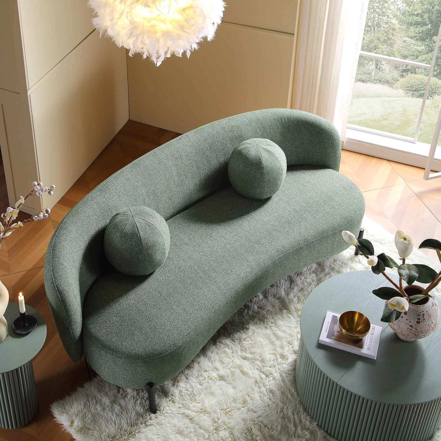 Amboise 3-Seater Curved Sofa With Ball Cushions, Spruce Green Textured Fabric 3 Amboise 3-Seater Curved Sofa With Ball Cushions, Spruce Green Textured Fabric - Image 3