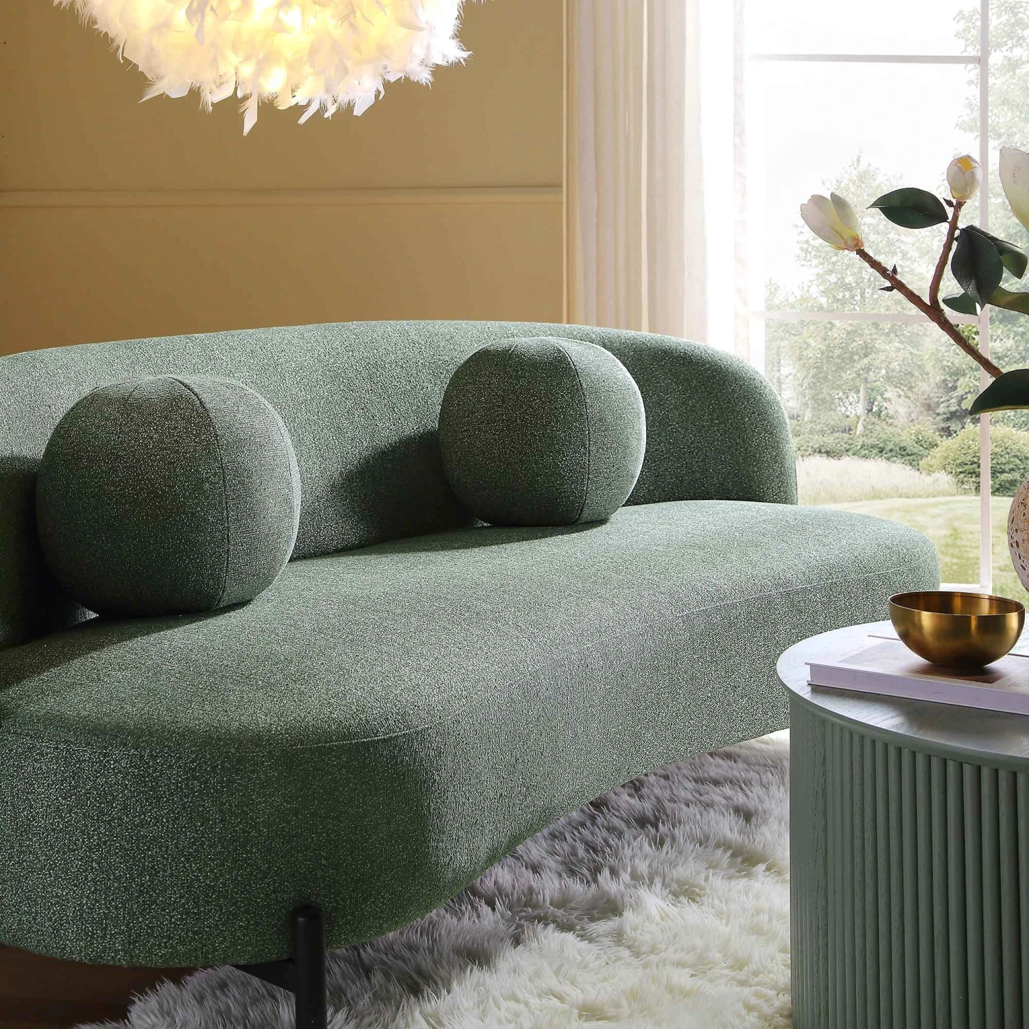 Amboise 3-Seater Curved Sofa With Ball Cushions, Spruce Green Textured Fabric 4 Amboise 3-Seater Curved Sofa With Ball Cushions, Spruce Green Textured Fabric - Image 4
