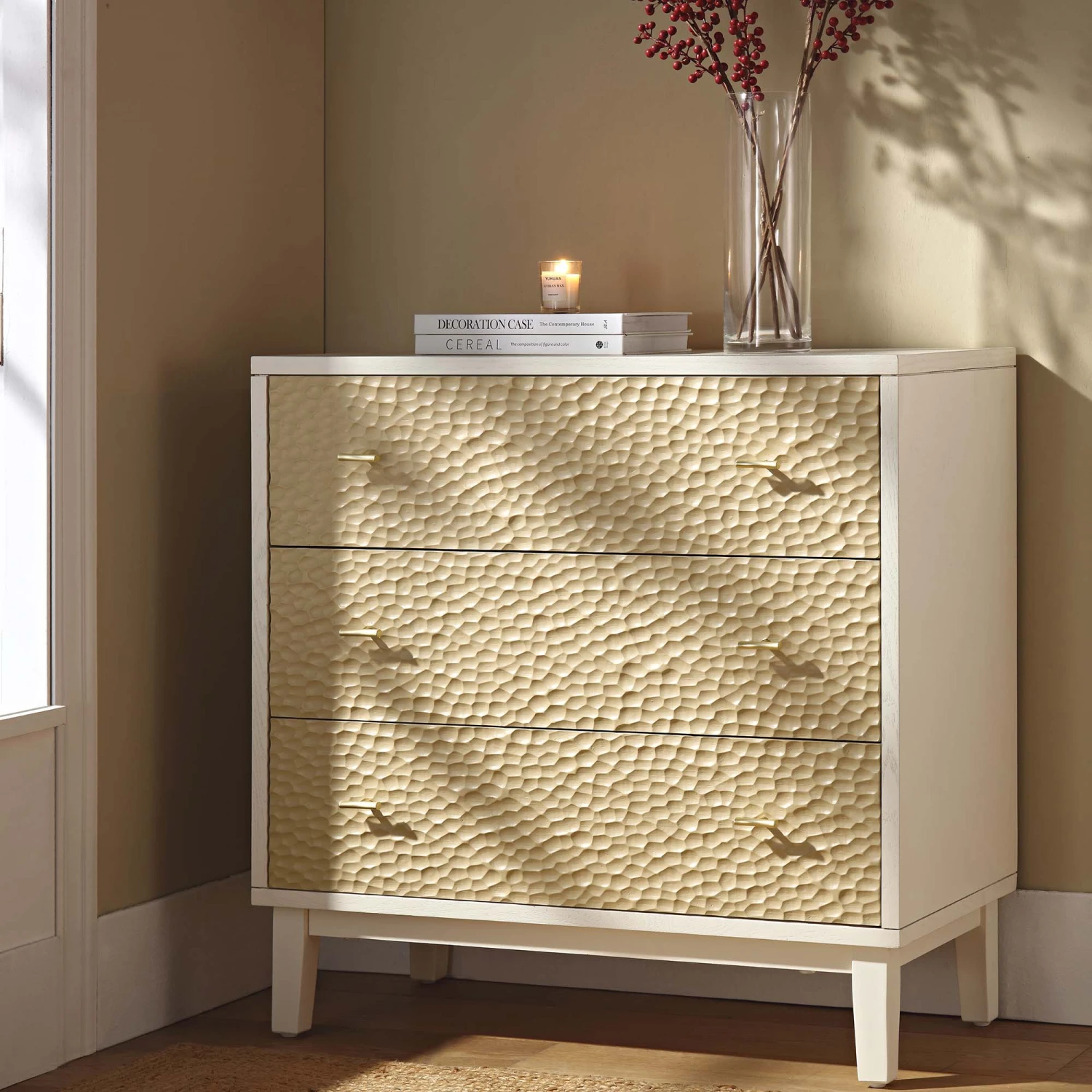 Bianca Chip Carved 3 Drawer Chest, Sand Beige & Ivory 1 Bianca Chip Carved 3 Drawer Chest, Sand Beige & Ivory