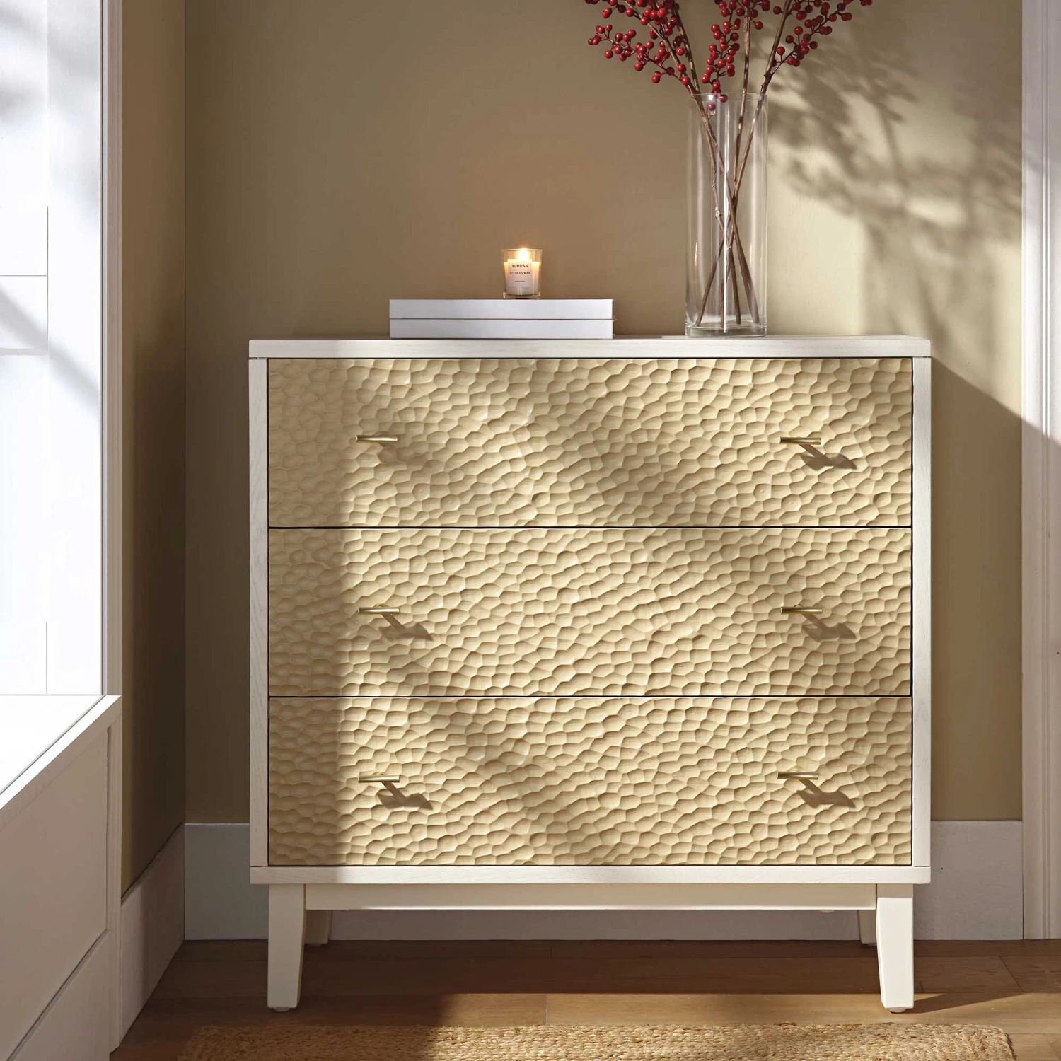 Bianca Chip Carved 3 Drawer Chest, Sand Beige & Ivory 2 Bianca Chip Carved 3 Drawer Chest, Sand Beige & Ivory - Image 2