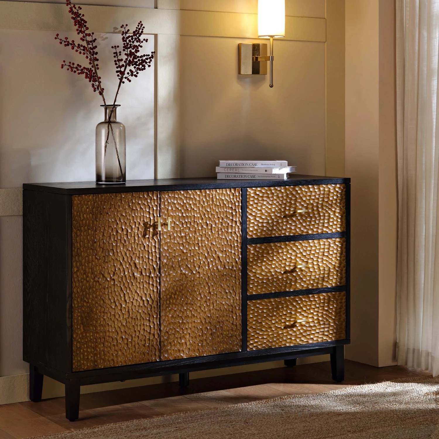 Bianca Chip Carved 2-Door 3-Drawer Sideboard, Antique Bronze & Black 2 Bianca Chip Carved 2-Door 3-Drawer Sideboard, Antique Bronze & Black - Image 2