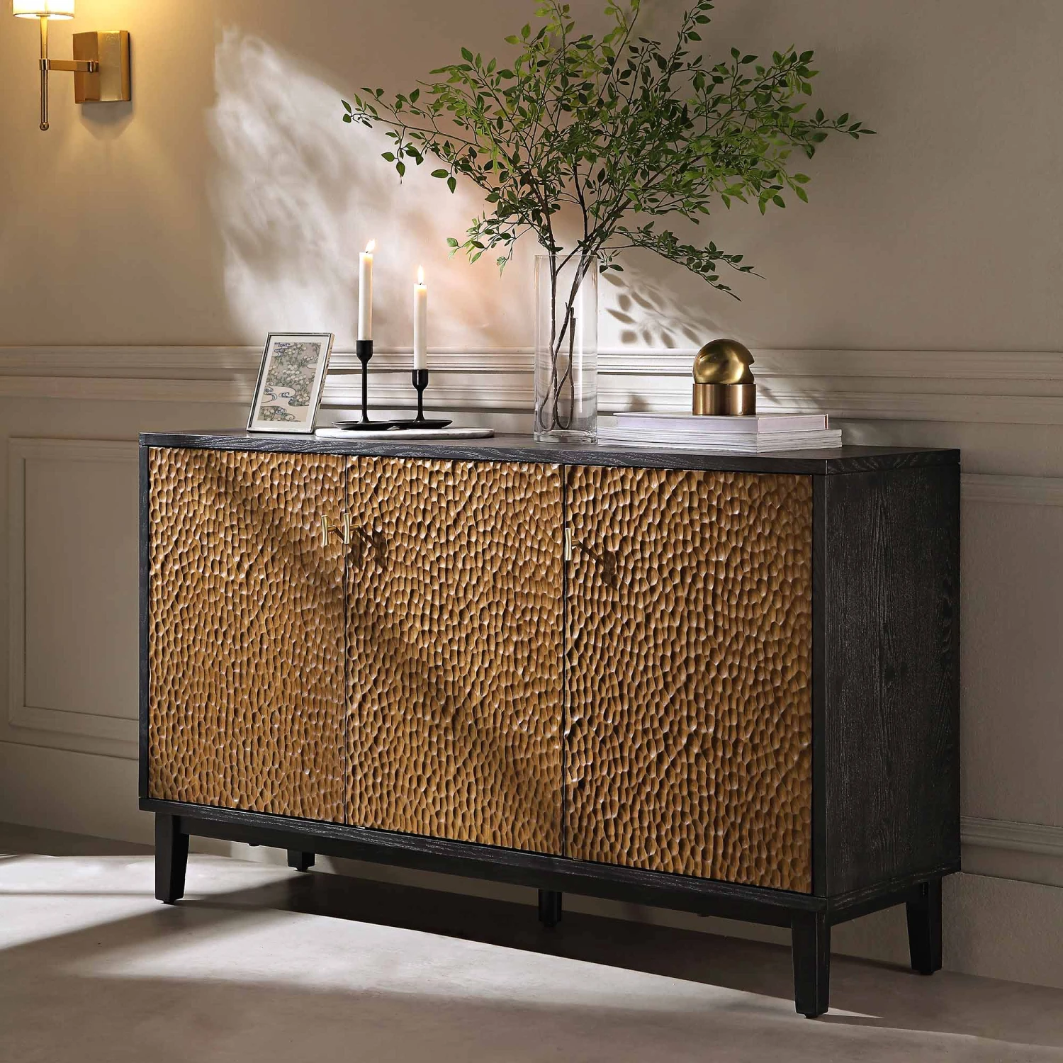 Bianca Chip Carved 3 Door Sideboard, Antique Bronze & Black 1 Bianca Chip Carved 3 Door Sideboard, Antique Bronze & Black