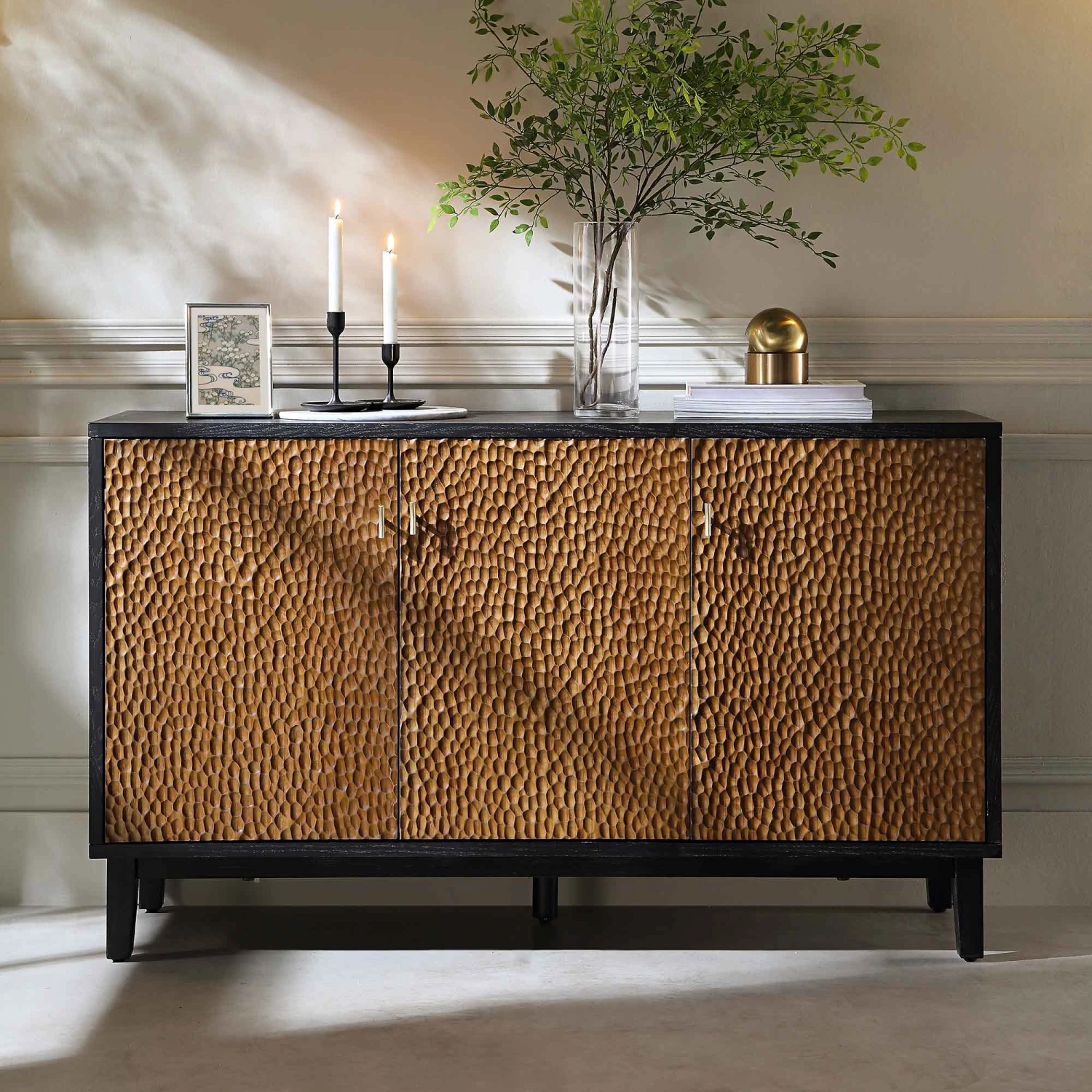 Bianca Chip Carved 3 Door Sideboard, Antique Bronze & Black 2 Bianca Chip Carved 3 Door Sideboard, Antique Bronze & Black - Image 2