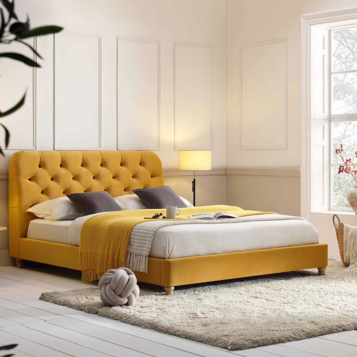 Leamington Deep-Buttoned Upholstered Bed, Turmeric Yellow Velvet 2 Leamington Deep-Buttoned Upholstered Bed, Turmeric Yellow Velvet - Image 2