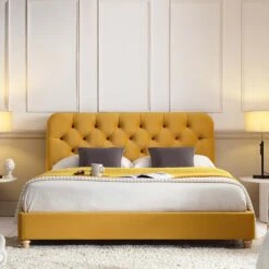 Leamington Deep-Buttoned Upholstered Bed, Turmeric Yellow Velvet 17 Leamington Deep-Buttoned Upholstered Bed, Turmeric Yellow Velvet -Best Furniture Shop ZX 1063 MUST VEL scene1