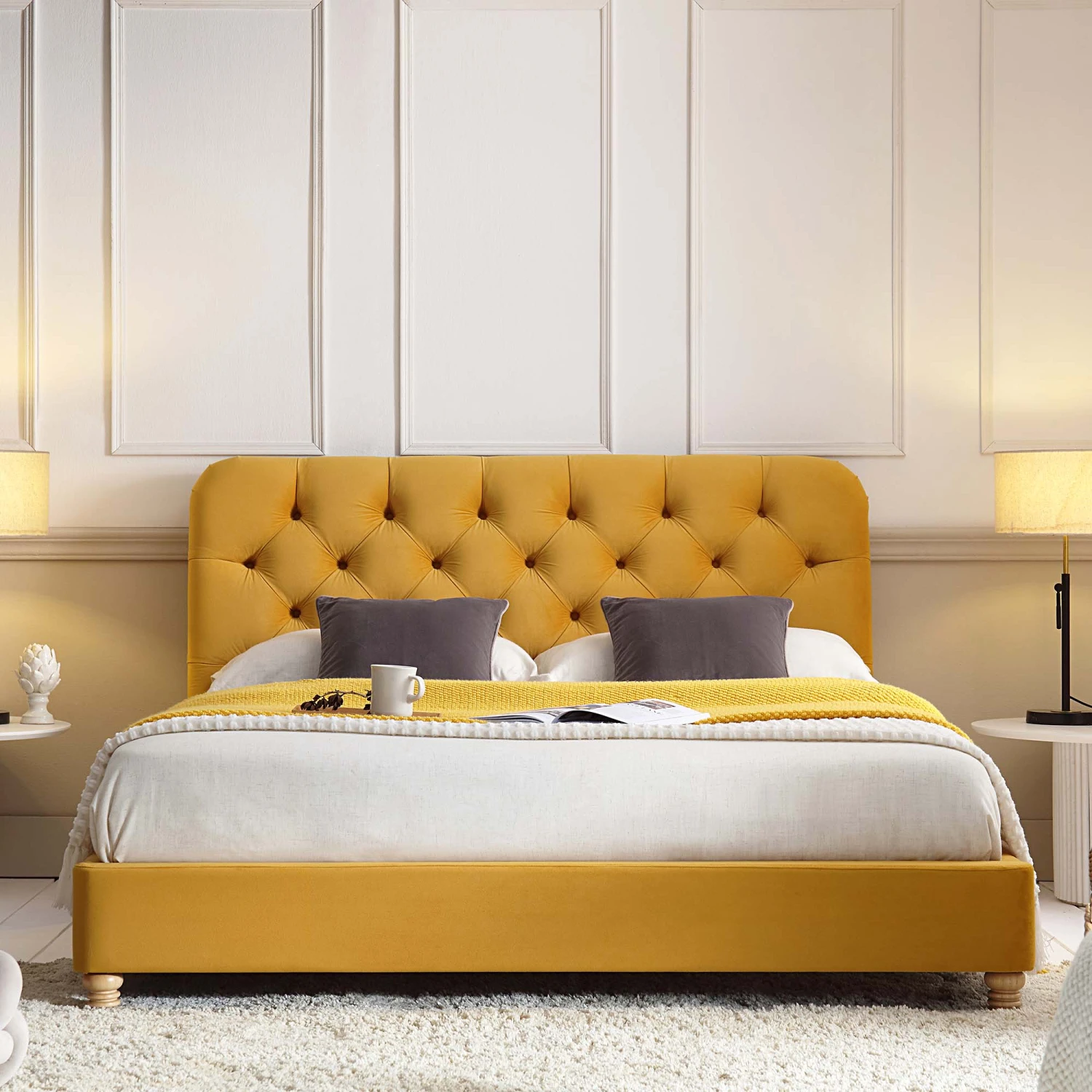 Leamington Deep-Buttoned Upholstered Bed, Turmeric Yellow Velvet 3 Leamington Deep-Buttoned Upholstered Bed, Turmeric Yellow Velvet - Image 3