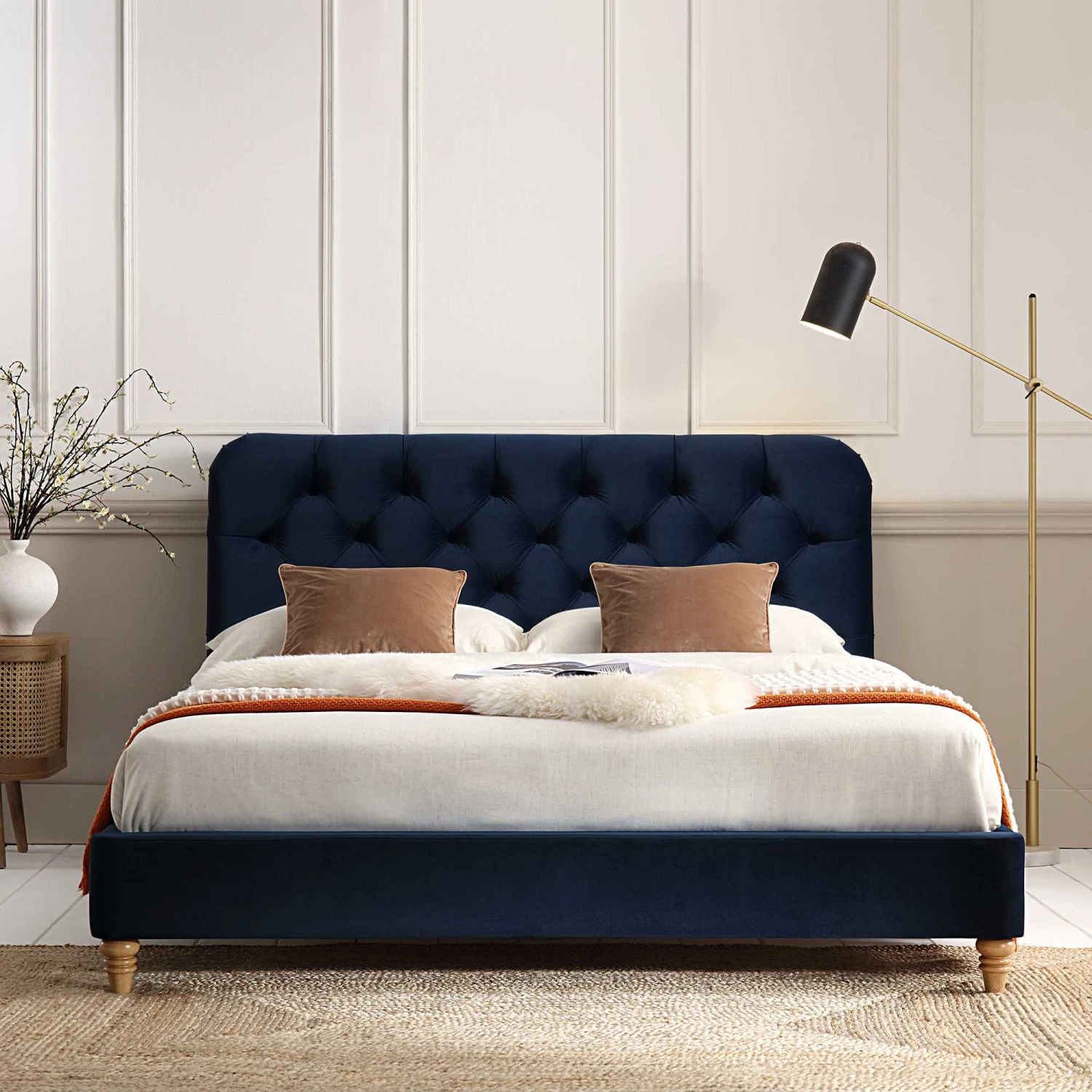 Leamington Deep-Buttoned Upholstered Bed, Midnight Blue Velvet 3 Leamington Deep-Buttoned Upholstered Bed, Midnight Blue Velvet - Image 3