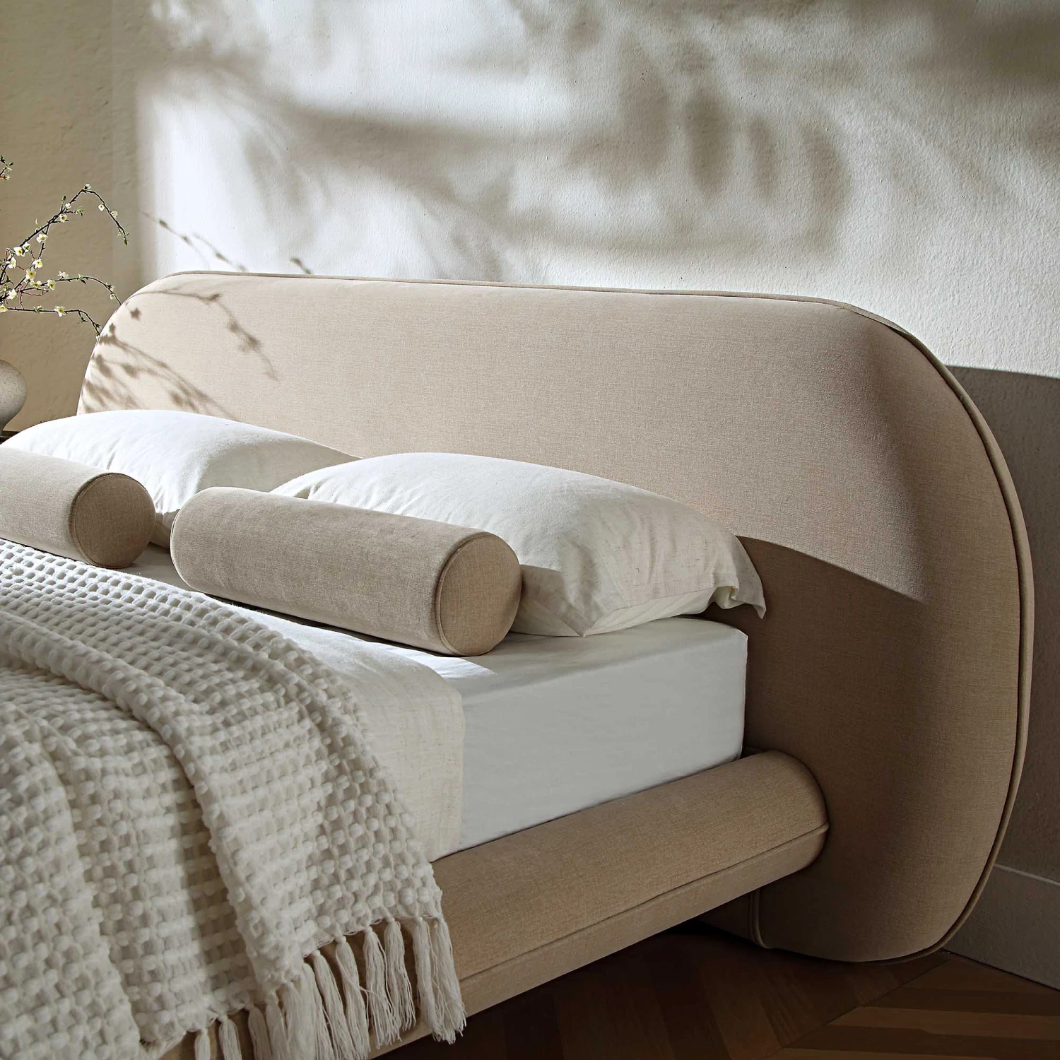 Elystan Oval Headboard Upholstered Bed, Warm Beige Fabric 3 Elystan Oval Headboard Upholstered Bed, Warm Beige Fabric - Image 3