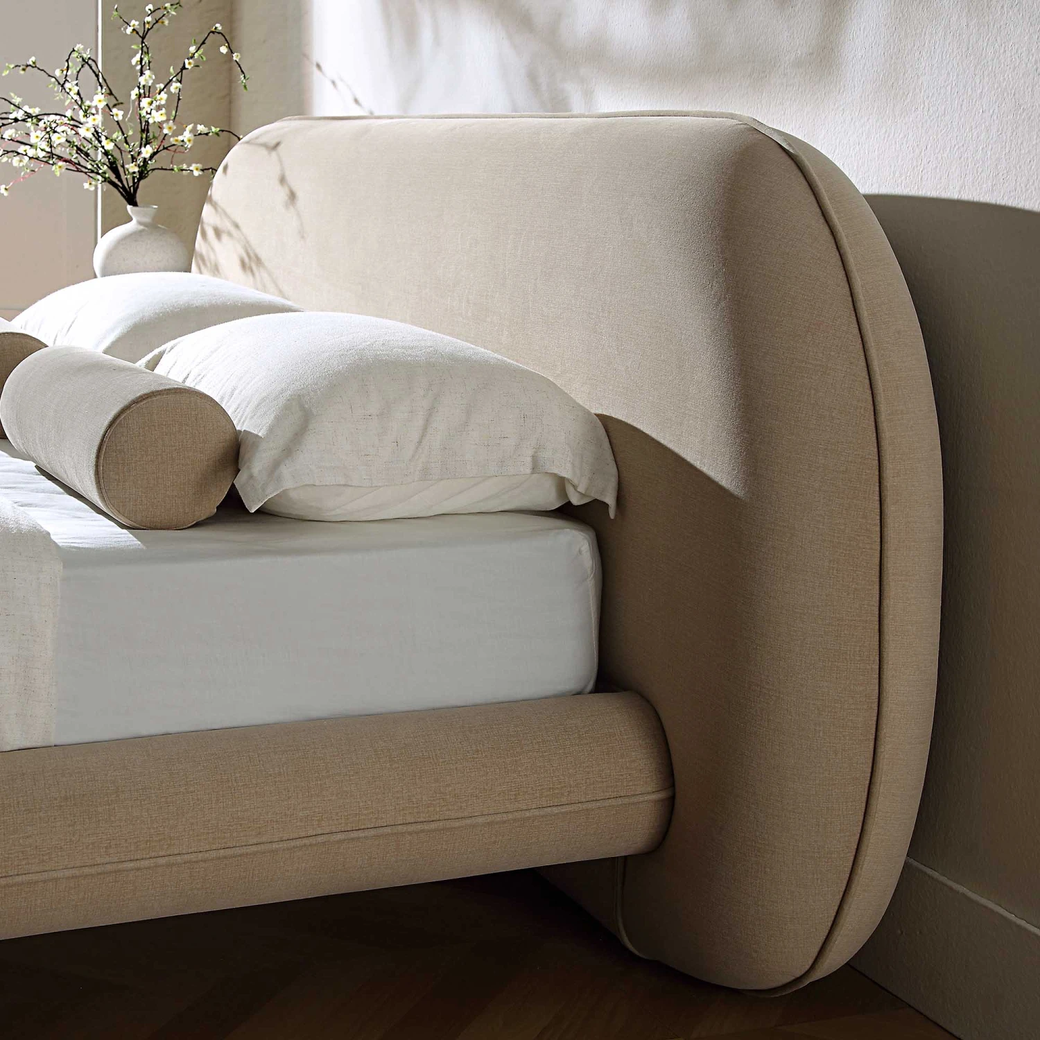 Elystan Oval Headboard Upholstered Bed, Warm Beige Fabric 4 Elystan Oval Headboard Upholstered Bed, Warm Beige Fabric - Image 4