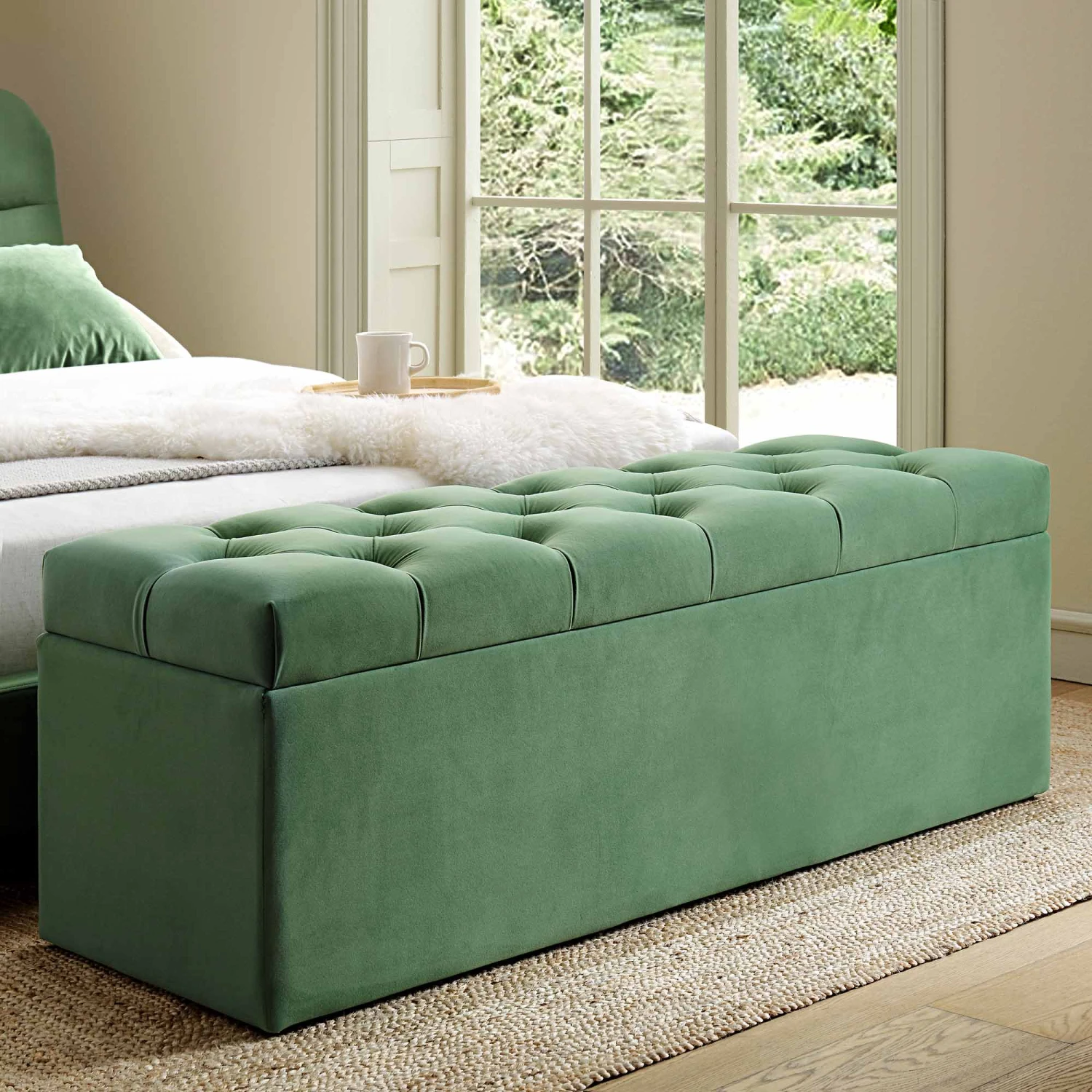 Leamington Deep-Buttoned Ottoman Storage Bench, Meadow Green Velvet 1 Leamington Deep-Buttoned Ottoman Storage Bench, Meadow Green Velvet