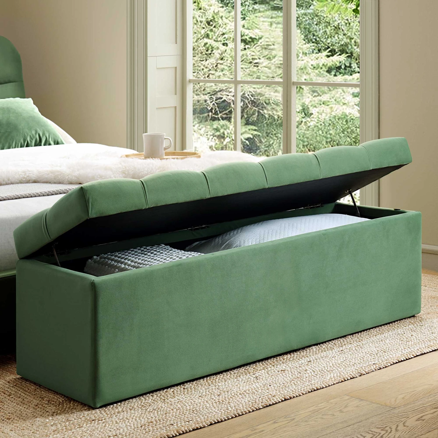 Leamington Deep-Buttoned Ottoman Storage Bench, Meadow Green Velvet 2 Leamington Deep-Buttoned Ottoman Storage Bench, Meadow Green Velvet - Image 2