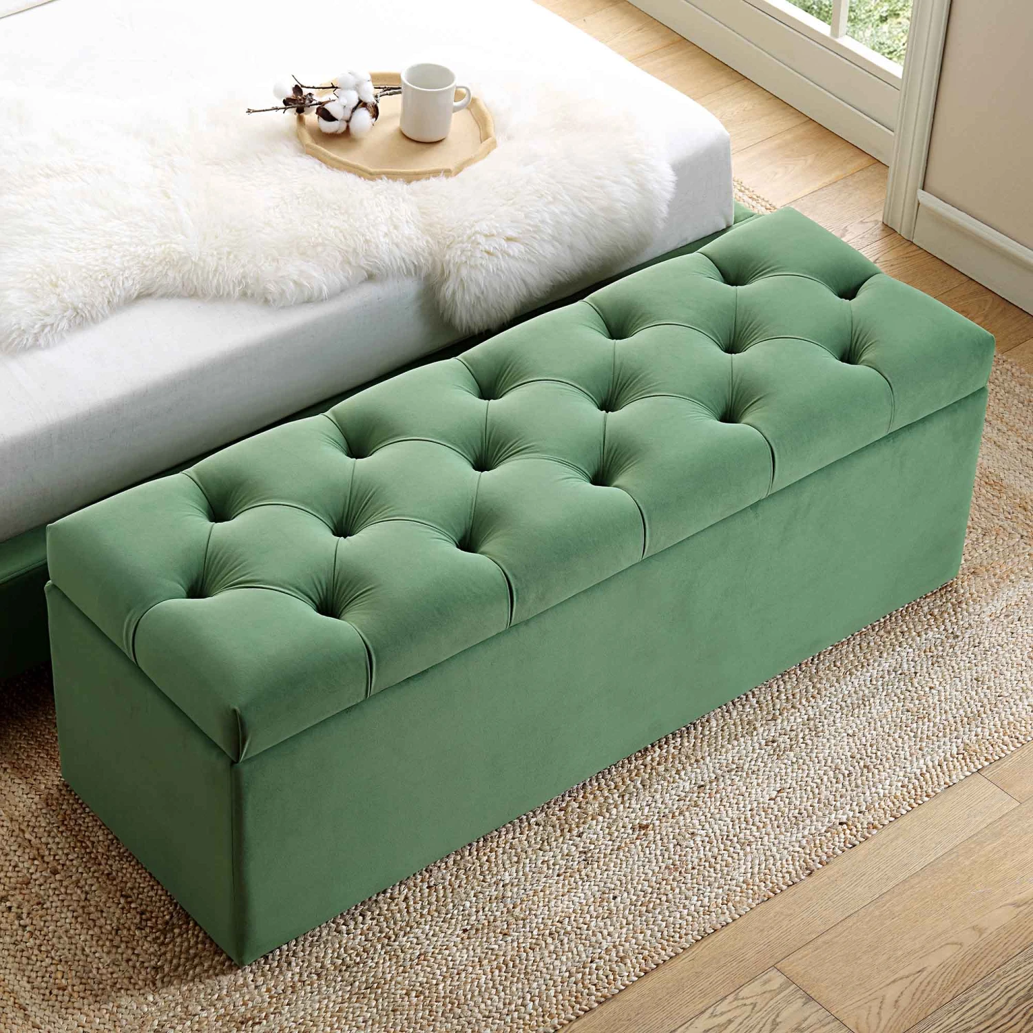 Leamington Deep-Buttoned Ottoman Storage Bench, Meadow Green Velvet 3 Leamington Deep-Buttoned Ottoman Storage Bench, Meadow Green Velvet - Image 3