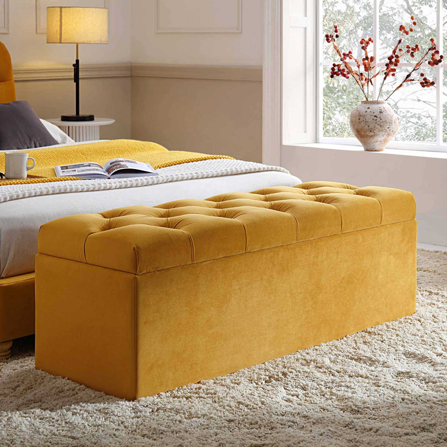 Leamington Deep-Buttoned Ottoman Storage Bench, Turmeric Yellow Velvet 1 Leamington Deep-Buttoned Ottoman Storage Bench, Turmeric Yellow Velvet