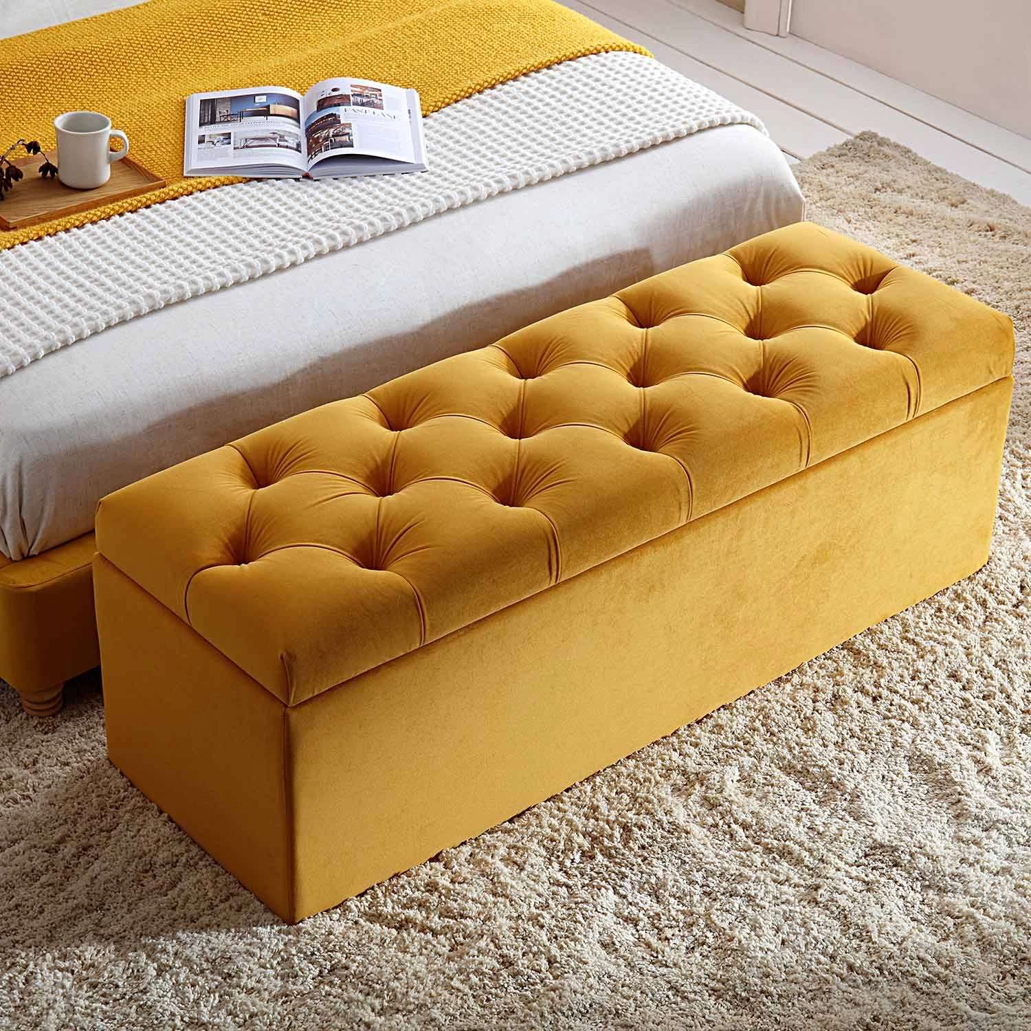 Leamington Deep-Buttoned Ottoman Storage Bench, Turmeric Yellow Velvet 2 Leamington Deep-Buttoned Ottoman Storage Bench, Turmeric Yellow Velvet - Image 2