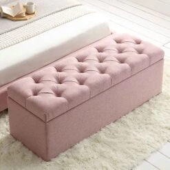Leamington Deep-Buttoned Ottoman Storage Bench, Rosewater Pink Fabric -Best Furniture Shop ZX 2183 PALEPINK FAB scene1