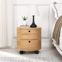 DOLIO Drum Chest Bedside Table, Barrel Side Table With Drawers Oak 2 Drawer
