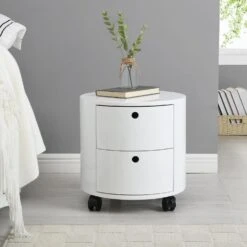 DOLIO Drum Chest Bedside Table, Barrel Side Table With Drawers High Gloss White 2 Drawer